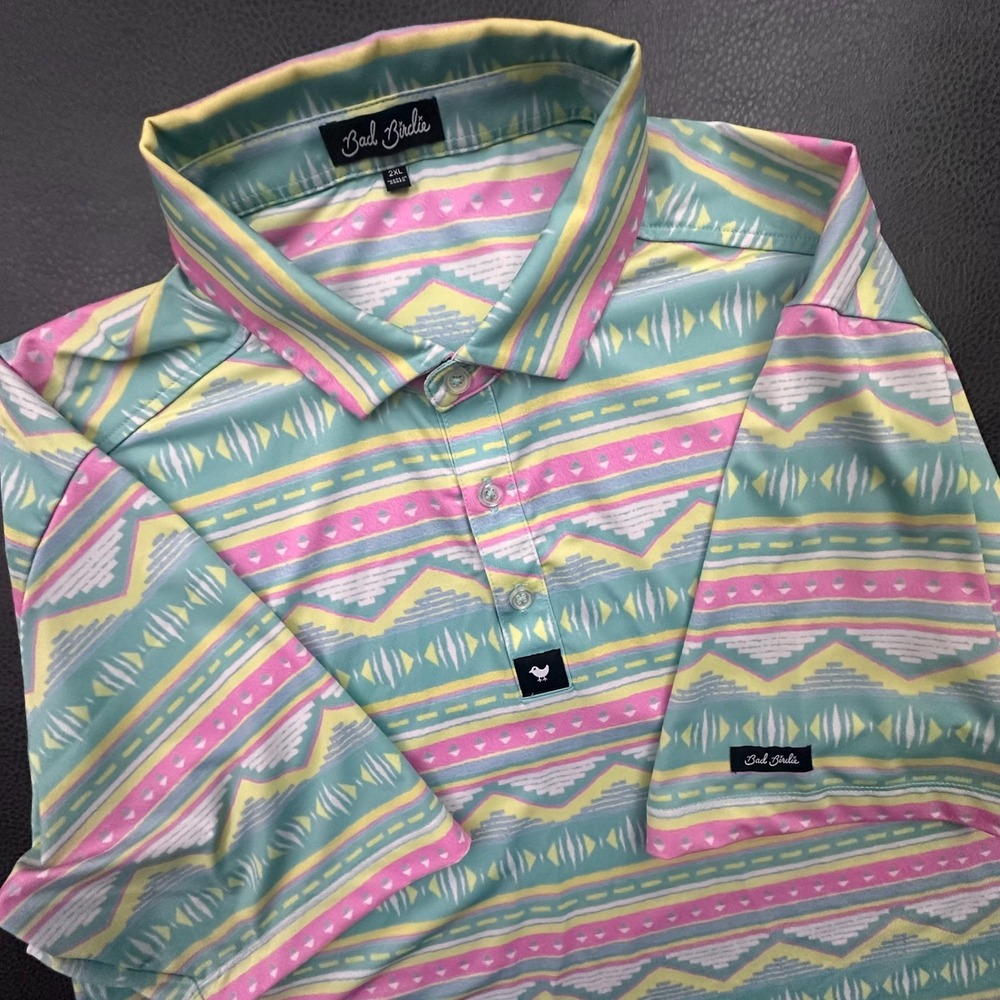 Bad Birdie Golf Polo Shirt Mens 2XL Pastel Green Aztec Print AOP Performance